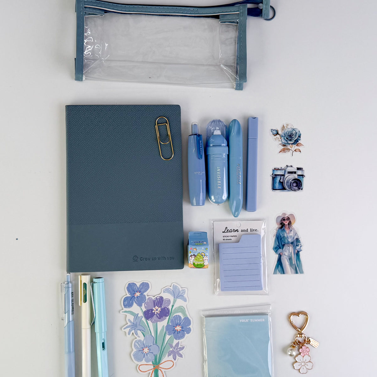 Blue stationery gift bundle with notebook, pens, sticky notes, stickers, pencil pouch and accessories – aesthetic gift for her
