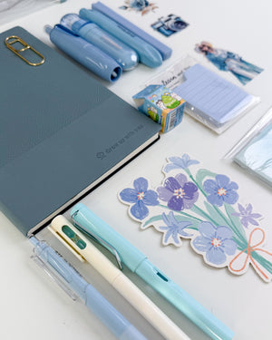 Blue stationery gift set with notebook, pens and floral accessories – thoughtful gift for coworker or friend