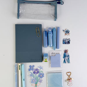 Blue stationery gift bundle with notebook, pens, sticky notes, stickers, pencil pouch and accessories – aesthetic gift for her