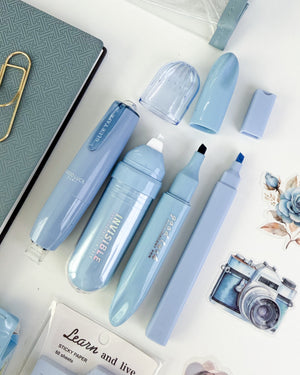 Pastel blue stationery essentials with highlighters and pens – cute aesthetic gift for stationery lovers 💙