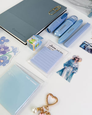 Blue stationery set with notebook, sticky notes, pens and accessories – thoughtful gift for book lovers and journal lovers