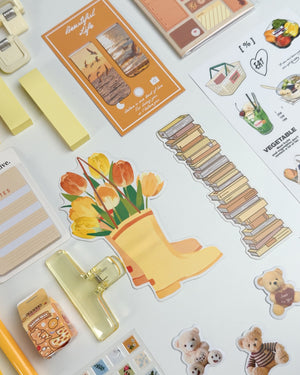 Cute yellow stationery gift for sister-in-law with bookmarks, sticky notes, stickers and bookish accessories — a thoughtful gift for book lovers. 💛