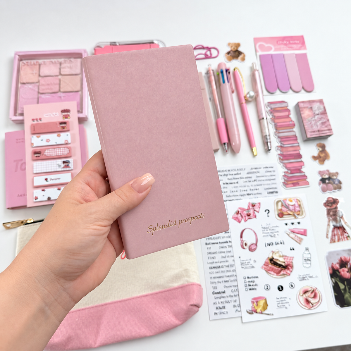 Pink A6 lined notebook with Splendid Prospects gold lettering, shown with coordinating pens, stickers and stationery accessories.