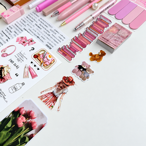 Pink journaling sticker sheets with decorative phrases, books, teddy bears and cute illustrations for scrapbooking and notebook decoration.