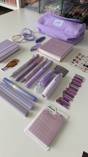  Essential Purple Stationery Bundle with notebook, pencil pouch, pens, sticky notes, bookmarks, and accessories ⭐ 