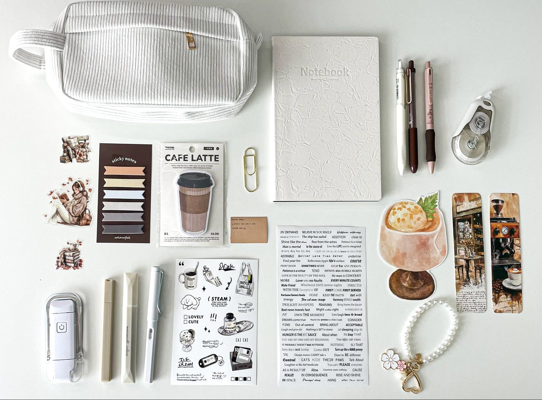 Morning Coffee Stationery Gift Bundle with aesthetic notebook, corduroy pencil pouch, coffee pens, sticky notes, bookmarks, reading light, stickers and journaling accessories.