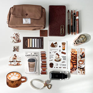 Premium coffee-themed stationery gift bundle with A6 notebook, premium pencil pouch, coffee gel pens, LED reading light, bookmarks, stickers, and stationery accessories on a white background.