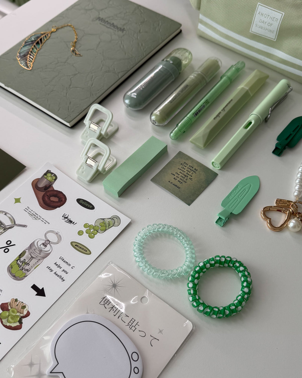 Sage Garden green stationery bundle with notebook, pens, highlighters, sticky notes, bookmarks, hair ties and bookish accessories.