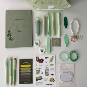 Sage Garden green stationery gift bundle with notebook, pencil pouch, pens, highlighters, sticky notes, bookmarks and bookish accessories.