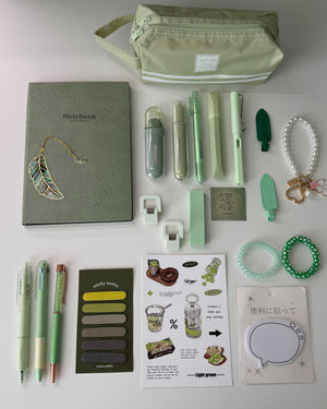Sage Garden green stationery gift set with notebook, pencil pouch, pens, highlighters, sticky notes, bookmarks, stickers and accessories.